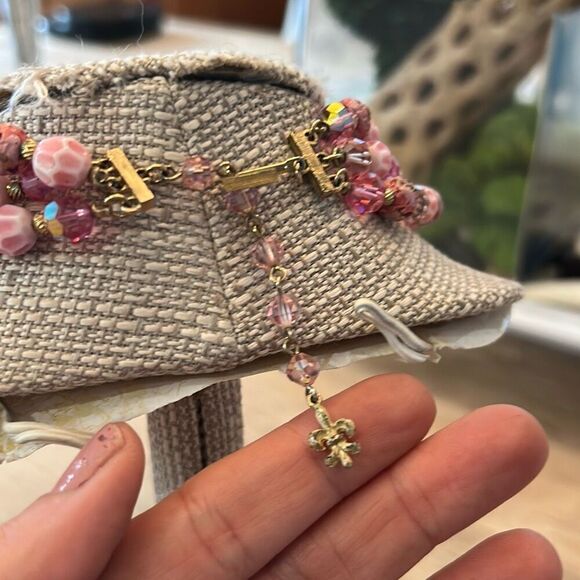 Vintage vendome triple strand crystal beaded necklace gold pink - Picture 4 of 6